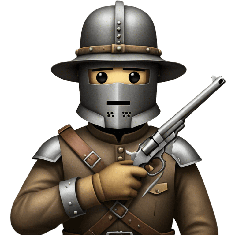 Cinematic Realistic Ned Kelly Portrait Emoji, depicted as the legendary Australian bushranger in his iconic homemade iron helmet and armor, gripping a revolver with a defiant stance. The scene is rendered with gritty textures and dramatic, shadowed lighting, evoking the lawless frontier and his rebellious, fearless legacy. emoji