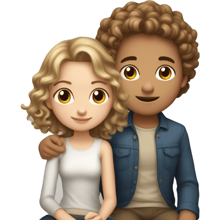 Two people, a girl and a boy, the girl has light brown hair and white skin, the boy has brown curly hair and white skin, they are sitting with their luxurious looks and the girl puts her head on his shoulder emoji