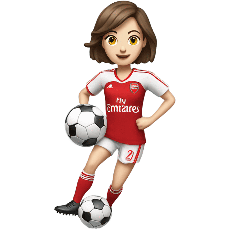 Pretty white woman wearing an Arsenal jersey with short brown hair kicking a soccer ball emoji