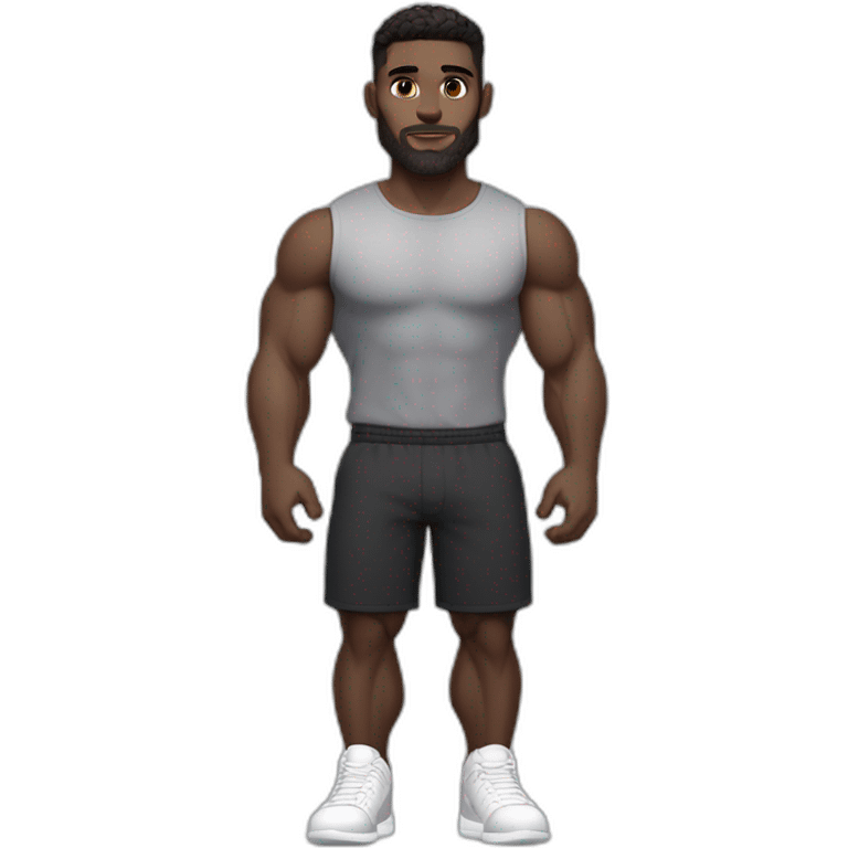 Pale skinned Fit Man With the biceps and dark brown hair in black shirt, gray sports shorts and white Sneakers Scales of the back of the head emoji