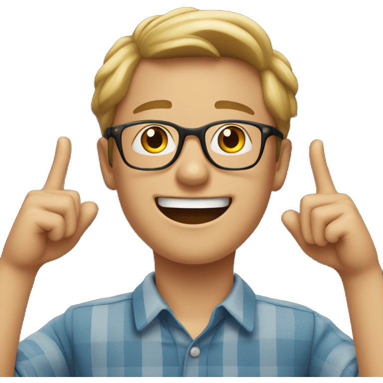 smiling young man who wearing glasses 
 putting hands up  emoji