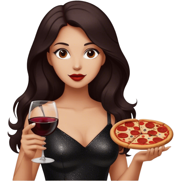 Beautiful woman in 1950’s woman fashion look, black shimmery dress, long dark brown hair, red wine, Pepperoni pizza emoji