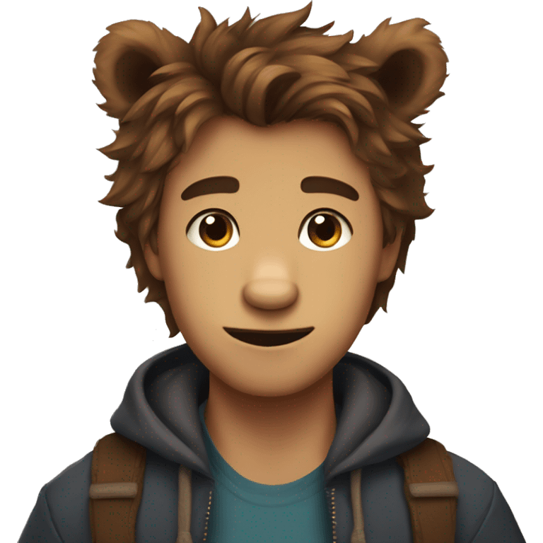 bear boy with messy brown hair, animal ears and nose, fangs emoji