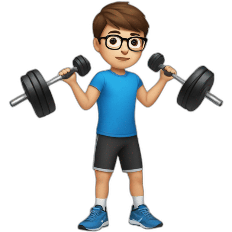 A 12-year-old boy with short brown hair and glasses does exercises with dumbbells emoji