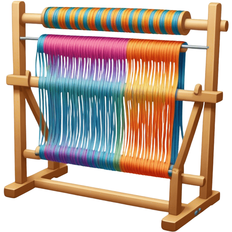 Create an icon that represents the hobby of weaving. The design should include a loom, threads, and a partially woven fabric. The loom should be the central focus, with visible threads being woven into a colorful pattern. The composition should feel balanced and harmonious, reflecting the intricate, creative nature of weaving. The background should be transparent. emoji