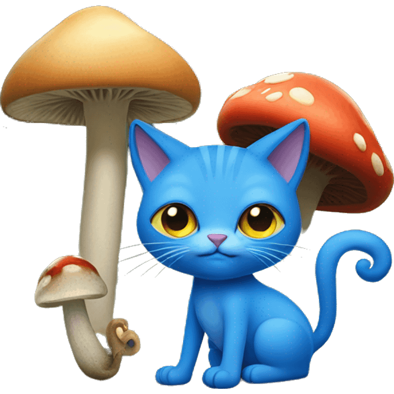 Blue cat in forest with mushroom hat and stick with snail on it  emoji