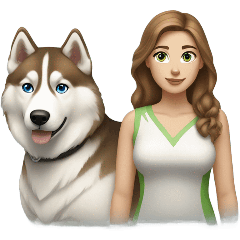 White Woman hair brown and bleus eyes and golden Husky With green eyes emoji