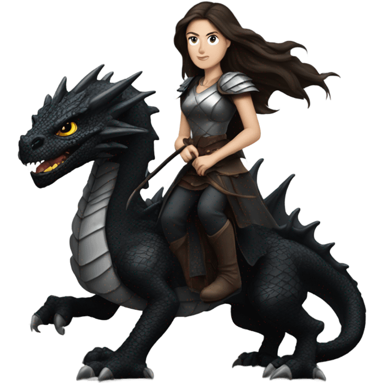 Determined and beautiful armored White Woman with dark brown long hair riding on the back of a giant black dragon emoji