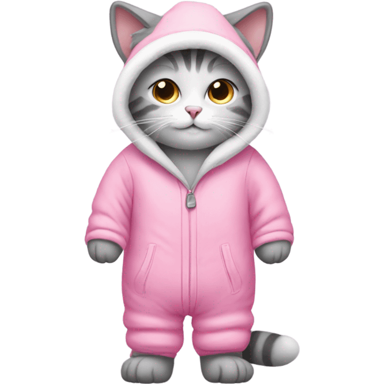 Grey and white cat wearing a pink snowsuit emoji