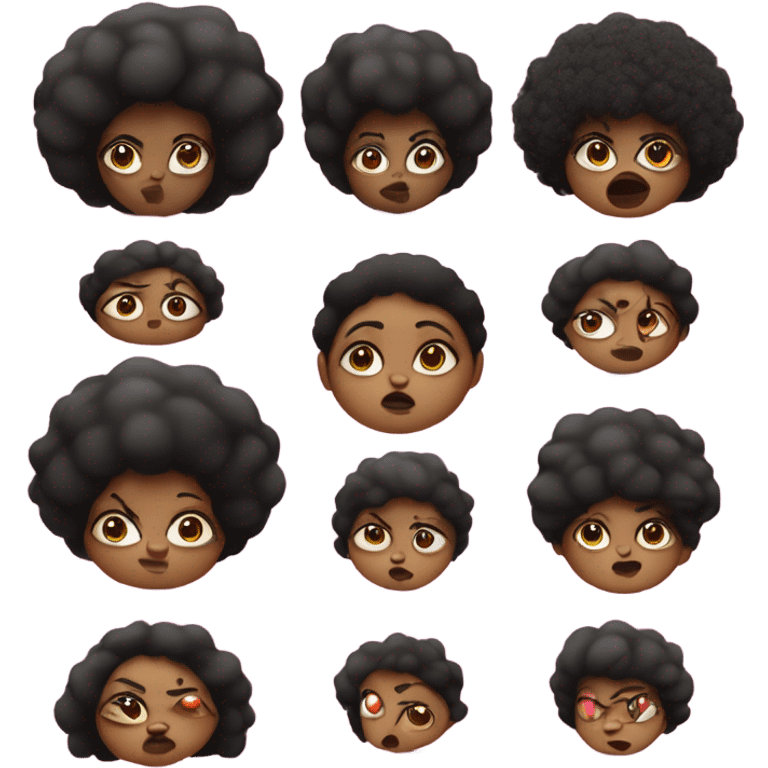 Mad chubby fat black women with a pink shirt that has a big eye ball on her right eye with a long pointy nose with a black short Afro with big lips emoji