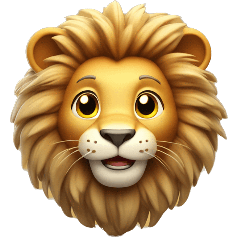 3D cartoon lion character with soft fur texture, small body with big head, gentle gradient background, sitting playfully with a big smile, warm lighting emoji