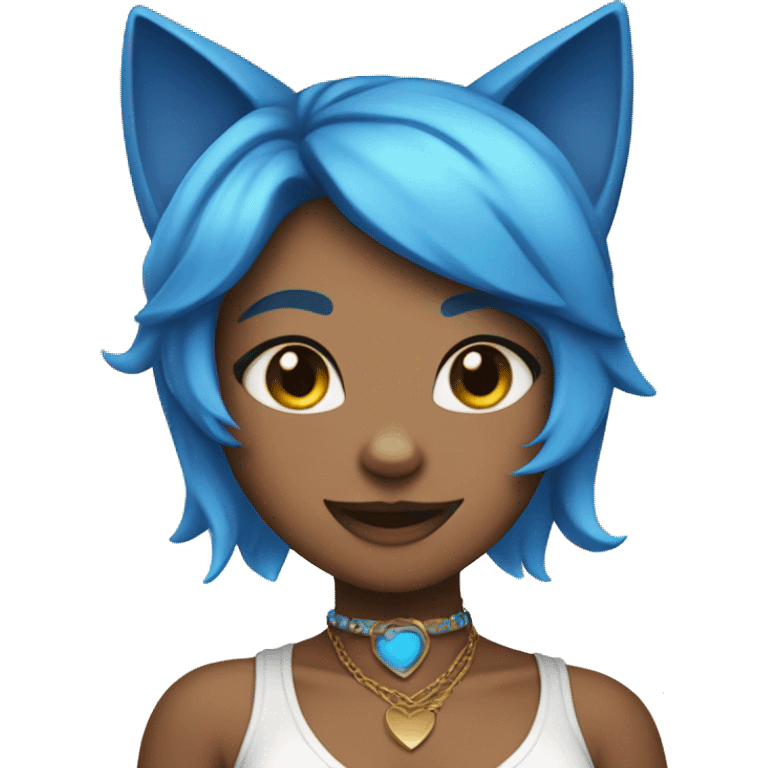 Tan skinned cat girl with blue hair, cat ears, white top, blue necklace and blue eyes emoji