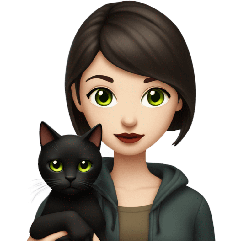 A teenage girl with white skin, she have some green hazel eyes, red lipstick, mid long straight dark brown hair, she have an eyeliner and she is holding a black cat in her arms, view from close emoji