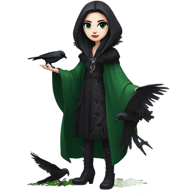 the morrigan goth woman version vines style furr robe stylish boots, perfect eyes, raven on hand, green vines decor on ground emoji