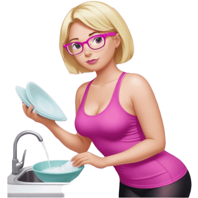 Curvy fair and freckled skinned woman, short blond hair, small light purple reading glasses, washing dishes, short flowing sheer hot pink tank top, without undergarments SFW, black yoga pants, thick booty emoji