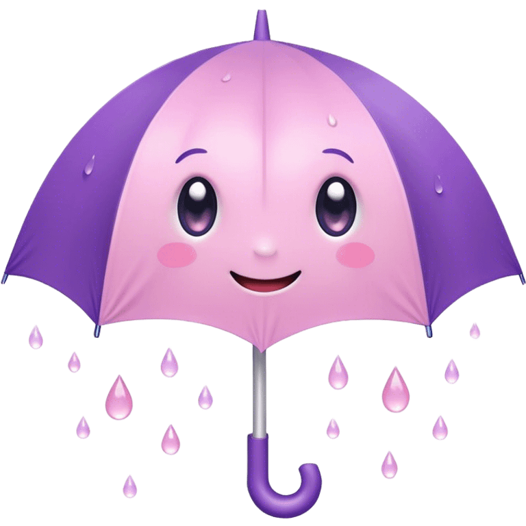 Cute Kawaii Umbrella, small and cute, soft pastel pink and purple, tiny rain droplets smiling down, a chubby round handle, big sparkling eyes full of joy! emoji