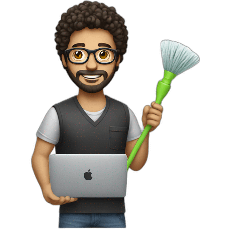 man with glasses and light stubble beard, dark hair, working on macbook and holding a cleaning mop on his hand emoji