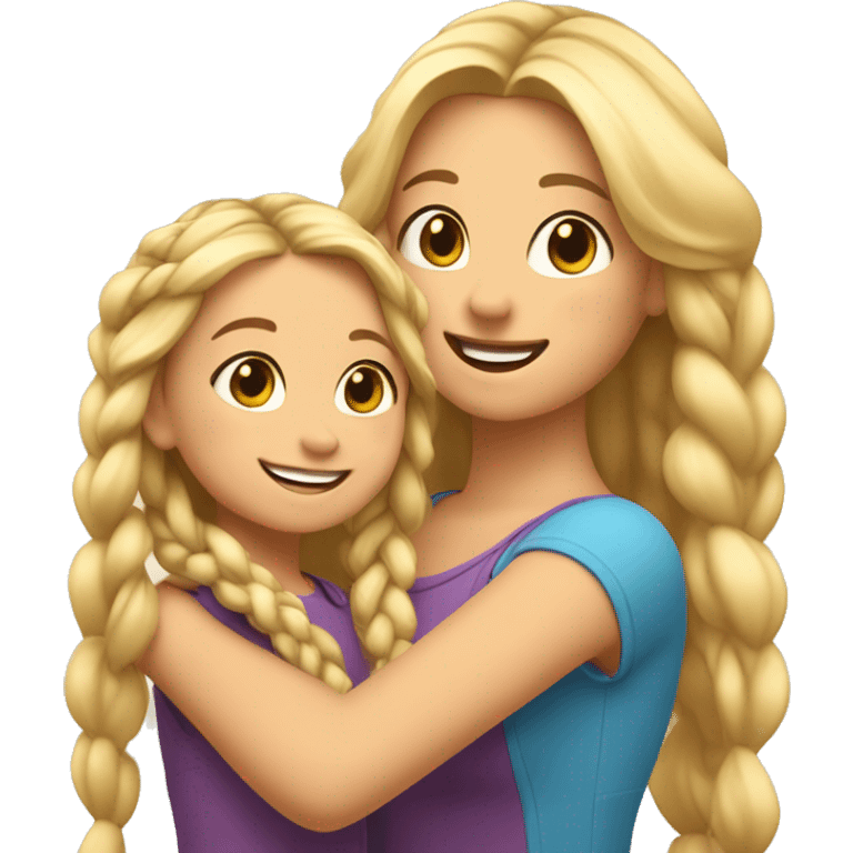 An emoji of a blonde mother with very long hair and a cheerful expression, standing next to her 3-year-old daughter, a small girl with black hair styled in two braids, both smiling happily together emoji