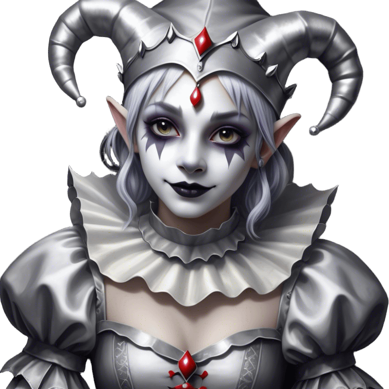 Cinematic girl in the style of a Jester, Ultra realistic 32k HD, Breathtaking piece of art, rim lighting, hauntingly beautiful art, mostly greyscale, Balanced features, highly detailed digital artwork, glowing with silver light, glowing, high shine, deviant adoptable, highly detailed clothing, remembrance, a painting of white silver, fanciful, enchanting, ghostly, embodying the essence of both reality and fantasy, dreamy, dreamy glow, optical illusion, immaculate composition, complex pose, air composition. The image is so lifelike that it feels as though it could leap off the canvas at any moment emoji