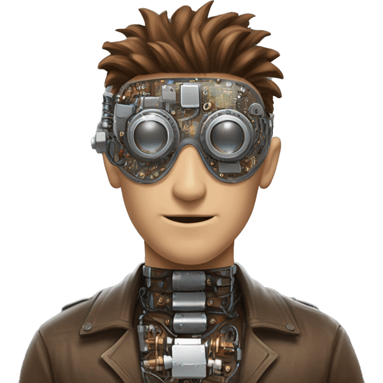 male cyborg head with brown shirt hair, brown beard, silver steampunk goggles and circuits emoji