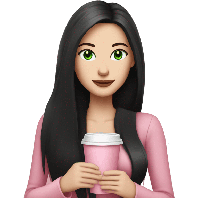 pretty woman with pale skin, very long black hair and green eyes and light pink outfit holding a pink coffee cup emoji