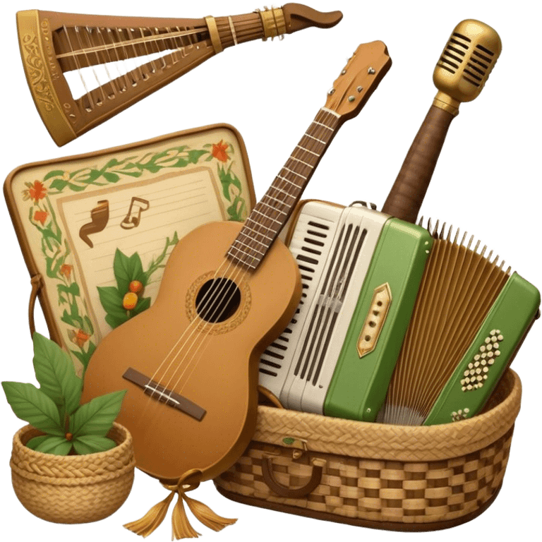 Create a warm and rustic emoji representing folk singing, using a humanless collage. The design should feature traditional folk instruments such as a balalaika, domra, or accordion, arranged around a vintage microphone to evoke a sense of community and storytelling. Include elements like a woven basket, traditional scarves, or musical notes to symbolize the connection to nature and heritage. Use earthy tones like brown, green, and gold, with subtle accents to emphasize the folk style. The background should be transparent. emoji