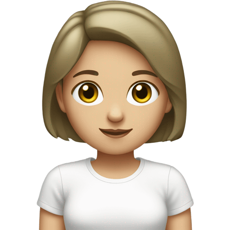 Girl with short bob brown hair with light green eyes in white T-shirt  emoji