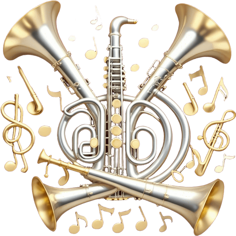 Create a festive and elegant emoji collage featuring a bouquet or fan of bells of wind instrument  (trumpets, saxophones, trombones, tubes, etc.) arranged in a radiant, symmetrical pattern. The instruments should have polished, golden and silver finishes, with their large, shiny bells forming a beautiful, fan-like display. Include a flowing ribbon of musical notes swirling through the center, conveying movement and melody. The background should feature a deep red velvet texture, adding a touch of luxury and sophistication. The overall composition should be balanced, with an elegant and regal feel, with a transparent background to keep focus on the instruments and musical elements. emoji