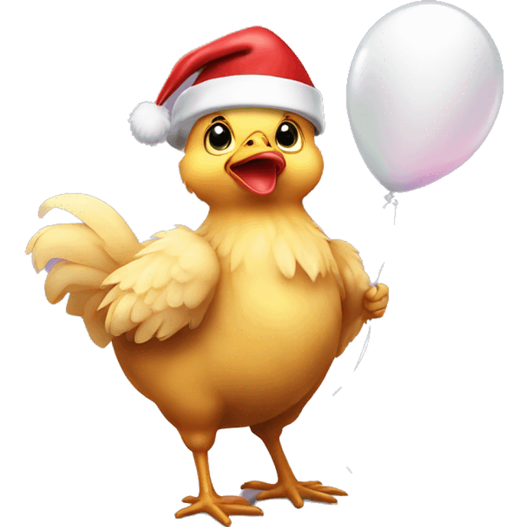 Baby chicken wearing Santa hat holding balloon emoji