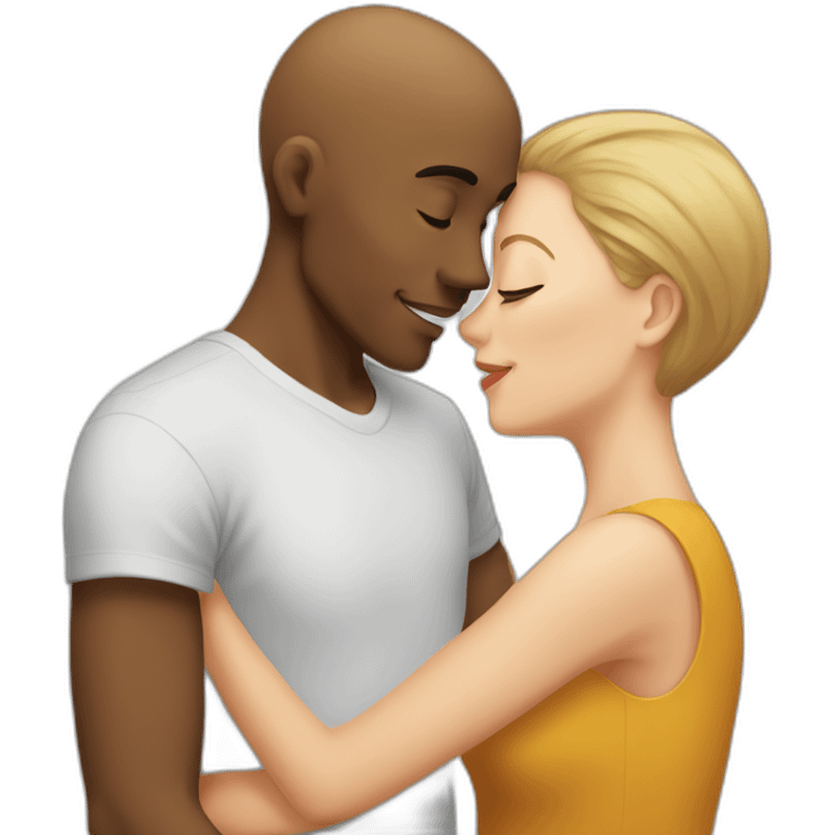 A mixed race man with very little hair kissing a white woman with light brown hair emoji