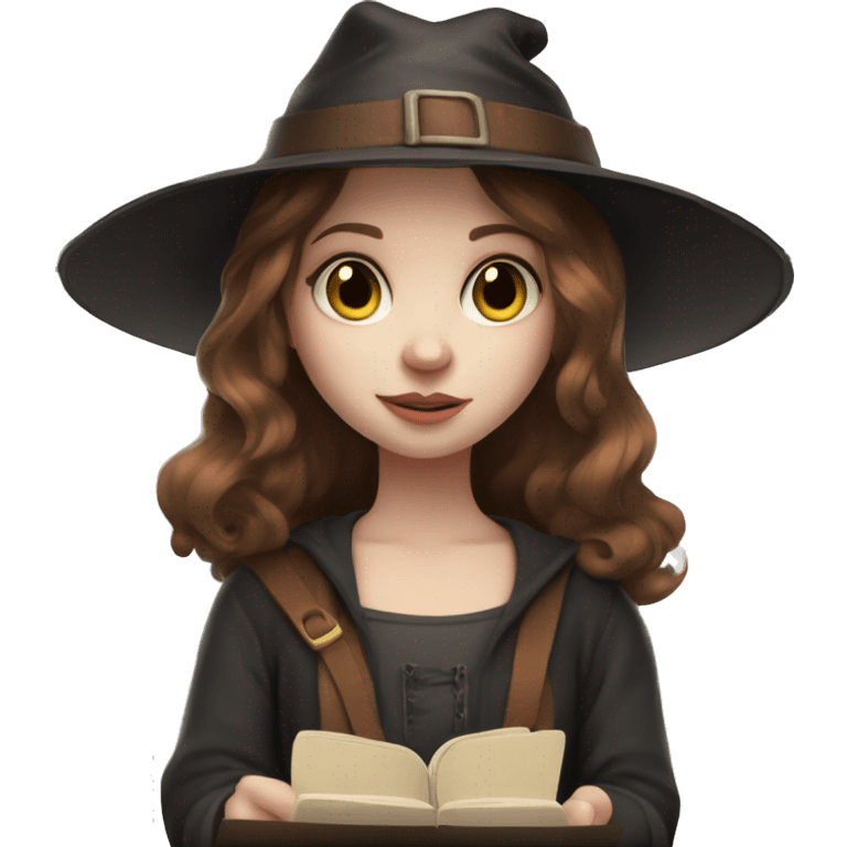 Young witchy girl pale skin and brown haired with a Pencil in a hand and a sketchbook in the other  emoji