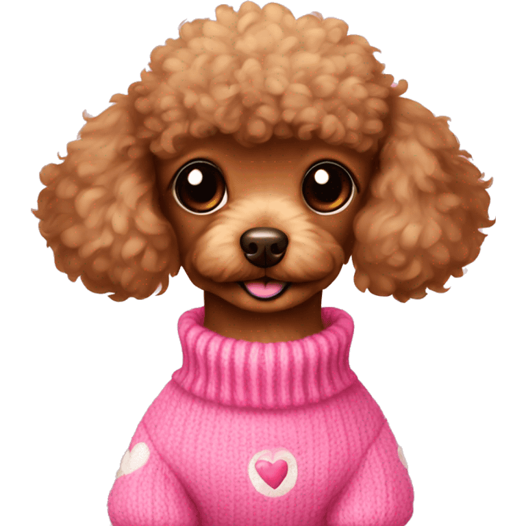 brown toy poodle in pink sweater with hearts emoji