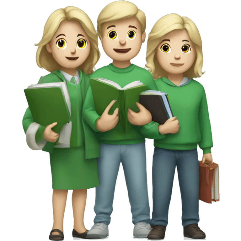 white three people in green clothes holding books emoji