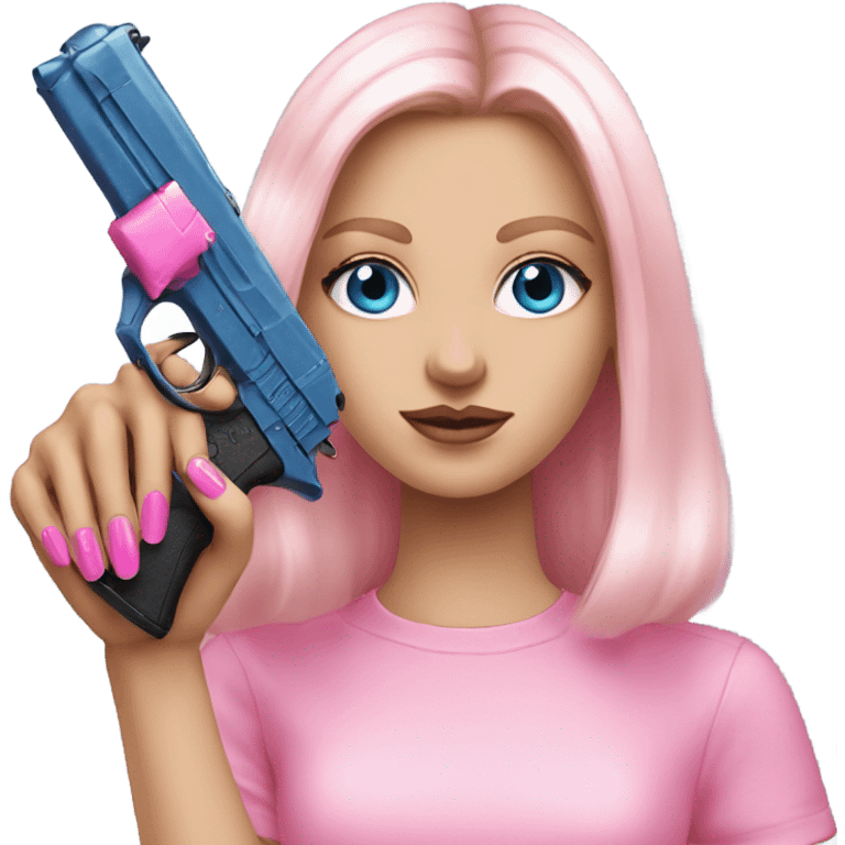 White Girl hand pink nails holding pink gun with blue eyes emoji