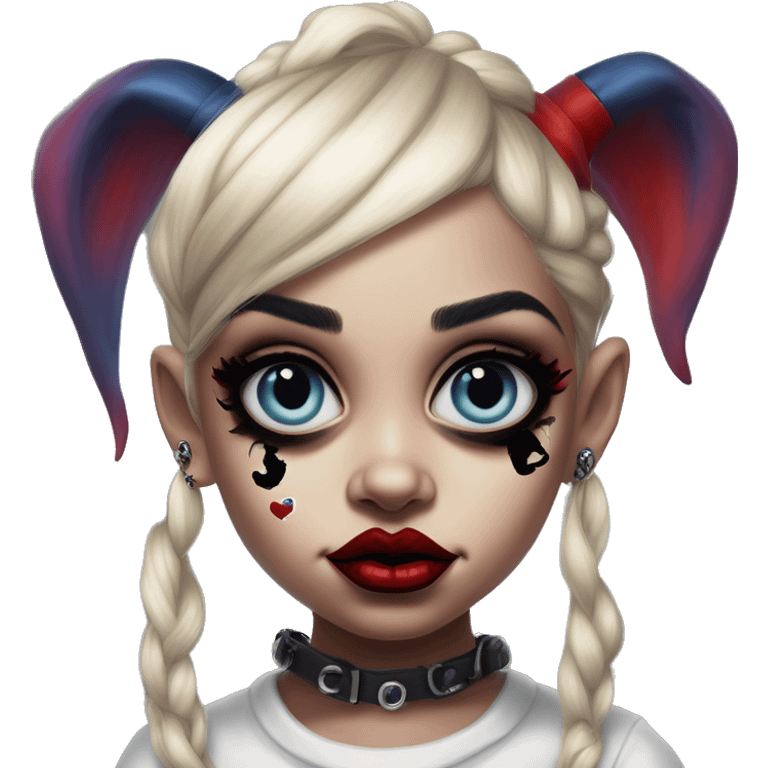 Gnome Rihanna in Harley Quinn style, oil paint, mysterious eyes, intricate lips, masterpiece portrait, odd perspective, beautiful, desirable, logical emoji