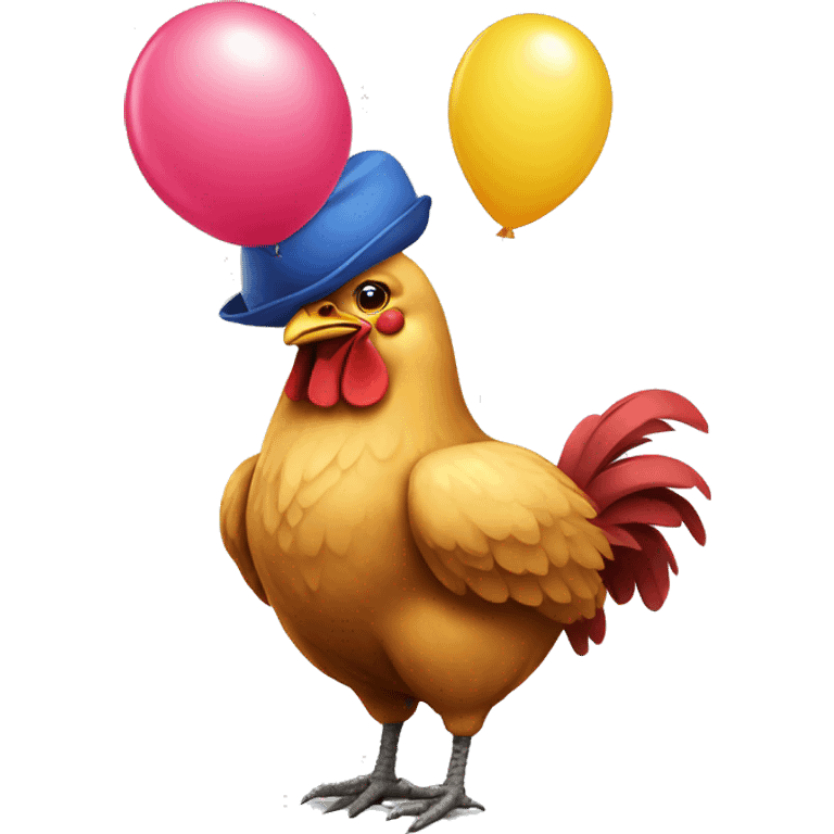 Chicken holding balloon wearing hat emoji