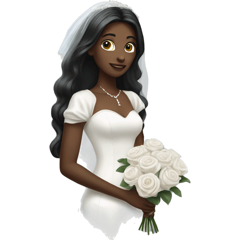 White bride with black long hair and  with long white Dress and long white veil and white roses bouquet in hands   emoji