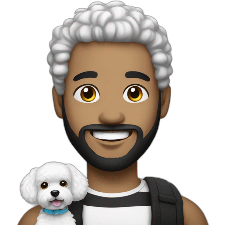 young-rapper-with hoop-white skin-black hair-beard-bichon dog-white-smile emoji