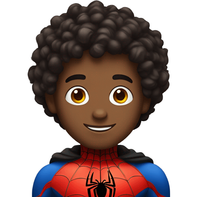 wearing black red spider man costume and has curly hair and smiling emoji