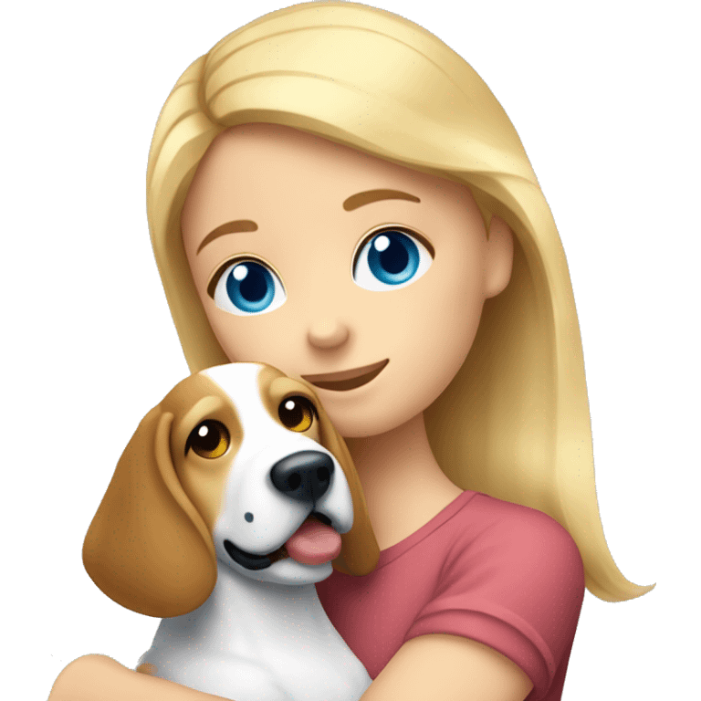 Blonde haired girl with blue eyes and hugging her blue tick beagle  emoji