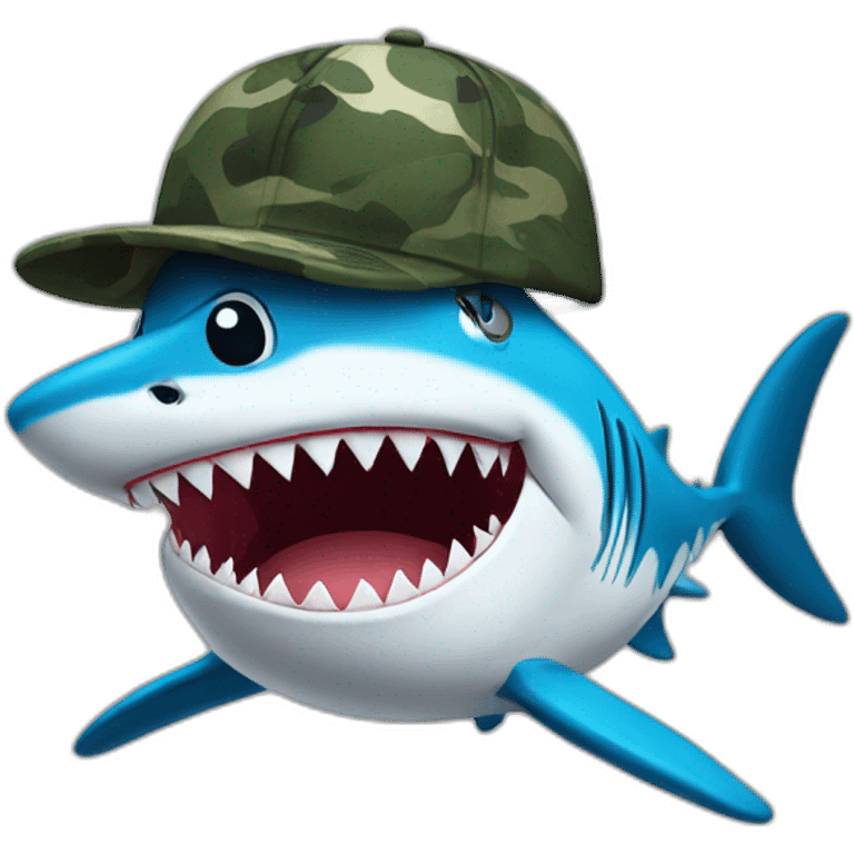 cartoon shark standing with a camouflage cap on its head emoji