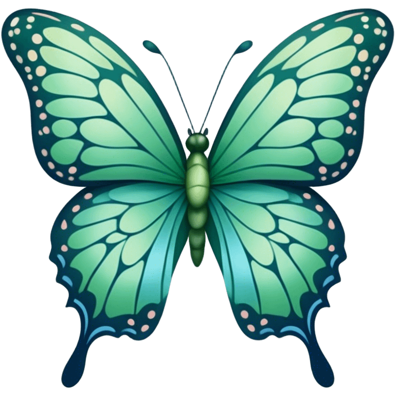 A delicate butterfly with deep green and pastel blue wings resting on a soft green satin ribbon. emoji