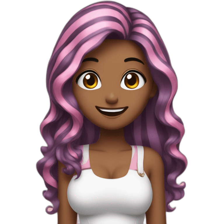 women with black Pink striped hair, a long long hair, pink eyes,korean, She raises a thumbs up, nervous, and smiles, She is wearing a short white dress, she is 18 years old  emoji