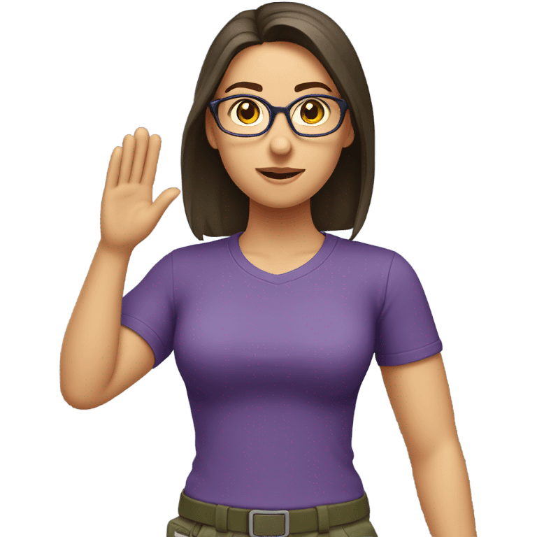 a caucasian brunette female, wearing a purple t-shirt and glasses, making the military salute gesture with one hand next to her head and the other one on her waist emoji