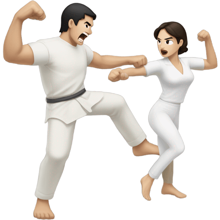 A pale half Asian man with short dark hair fighting a white woman with long wavy brunette hair emoji