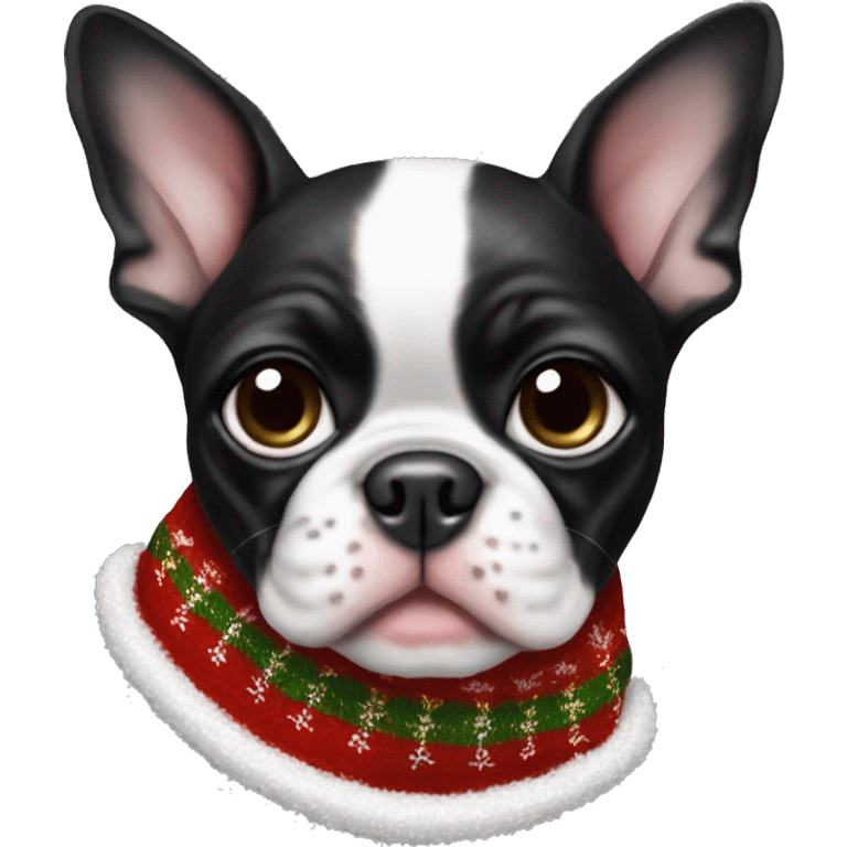 Boston terrier puppy wearing Christmas ugly sweater  emoji