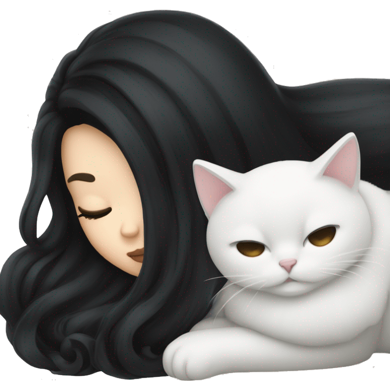 A pretty white girl with very long black hair and sleeping curled up to a white cat  emoji