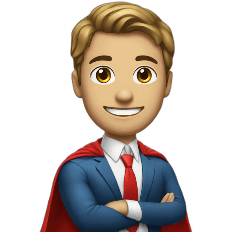 An employee of a real estate agency in a Superman suit with a red letter e emoji