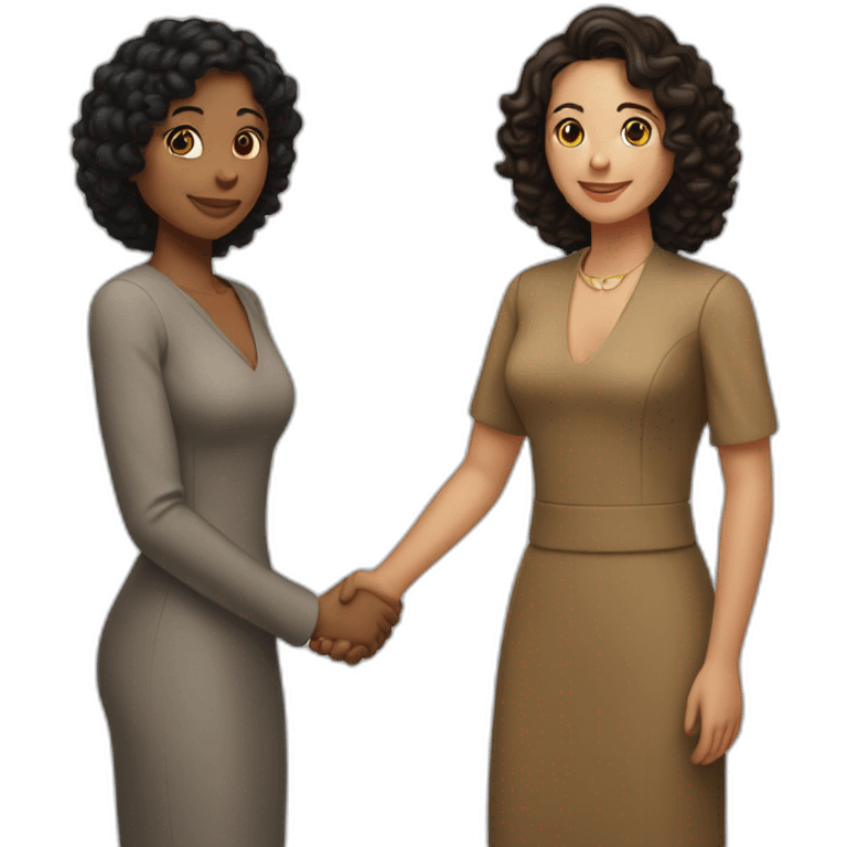 tan mid-sized woman with black curly hair shakes hands with a mid-sized pale woman with straight brown hair emoji