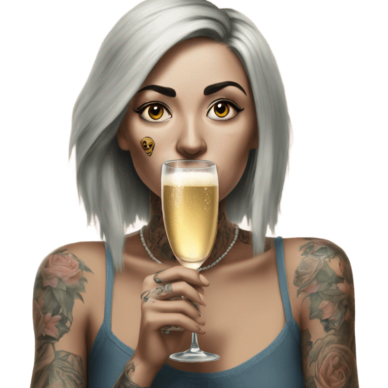 Hyper Realistic Beautiful tattooed woman crying sadly drinking champagne  emoji